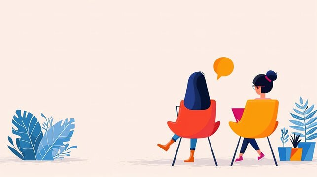 Two women sitting in chairs, facing away from the viewer, engaged in conversation.