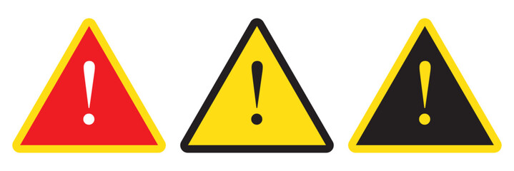 Danger warning icon set. alert triangle warn sign in black, yellow, and red color. exclamation sign.