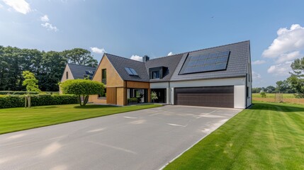 Naklejka premium A modern home with solar panels on the roof, a driveway, and green lawns in a rural setting