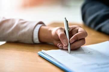 Woman, hands and signature on paper contract in office, compliance and attorney for legal...