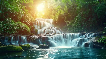 In the heart of a forest, a grand waterfall unfolds Sunlight filters through canopy gaps, casting a radiant beam onto one of its cascading falls