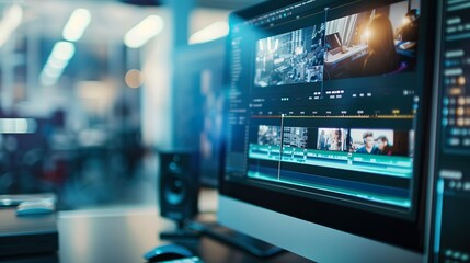 Computer screen showing video clips being arranged and edited in a timeline interface