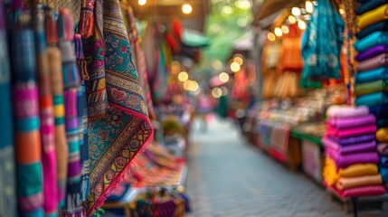  Vibrant marketplace teeming with an array of vivid fabrics on show, interspersed with bustling foot traffic before the shop