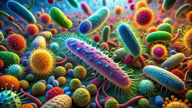 Vibrant 3D scientific illustration of Escherichia coli and various bacteria under a microscope, showcasing their unique shapes, structures, and colors in a mesmerizing microbiological landscape.