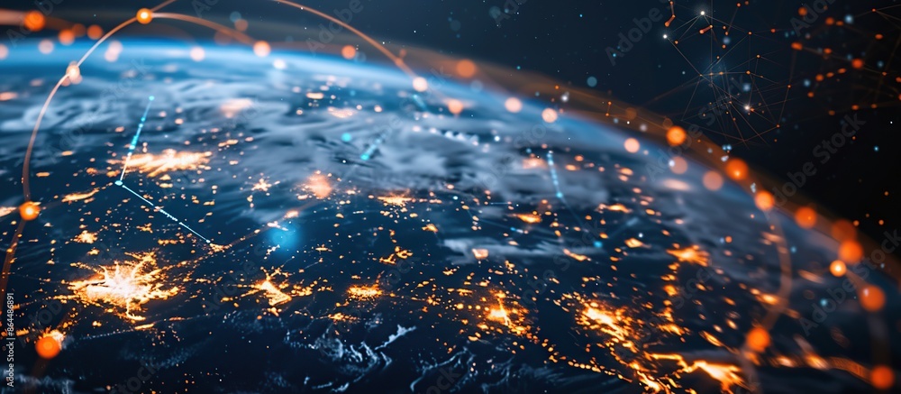 Poster earth with digital connections patterns, representing global connectivity and data transfer.