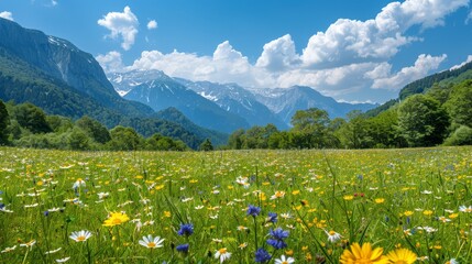 Naklejka premium A scene of a wildflower field, dotted with daisies, lies before a distant mountain range Snow-capped peaks punctuate the horizon