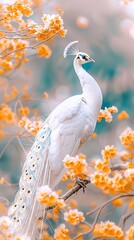 Elegant White Peacock Perched on Blooming Branch with Vibrant Yellow Flowers