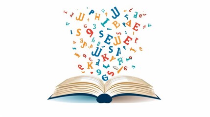 Simple and modern flat graphic of an open book with flying letters, symbolizing learning, on a white background