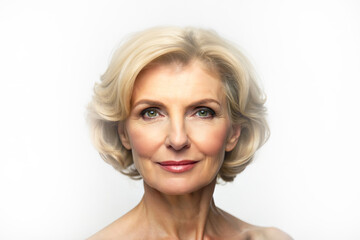 Naklejka premium The face of a beautiful woman 50+ with well-groomed skin on a white background. Concept of facial skin care in old age.