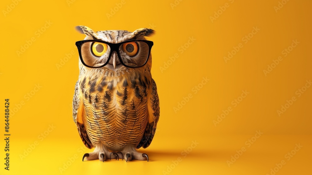 Canvas Prints  A close-up of an owl wearing glasses against a yellow background The background consists of a solid yellow backdrop and a yellow wall