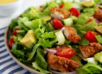 Homemade Crispy Chicken Salad with Tomato and Cucumber on a Plate, side view. Close-up.