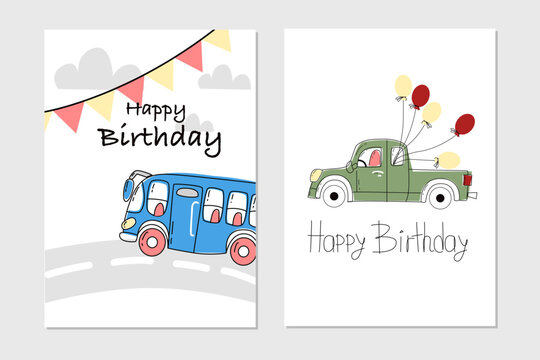 Vector set of cute children birthday card with green car and balloons and blue bus for boys