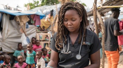 A female refugee rights activist tirelessly provides medical aid in a bustling camp amidst challenging conditions.