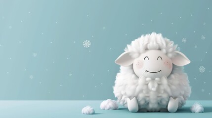 A white sheep sits before a blue backdrop, adorned with snowflakes on its sides, beaming with a smile