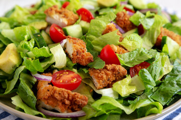 Homemade Crispy Chicken Salad with Tomato and Cucumber on a Plate, side view. Close-up.