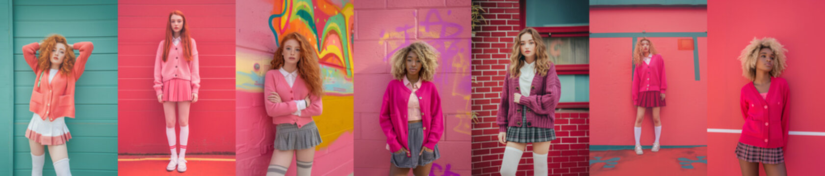 Set of Multicultural Teen Girls in Fashionable outfits. Diversity Theme. Urban Dystopian Backdrop.