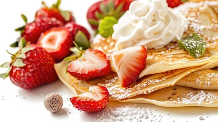 Crepes with strawberries and cream on white background