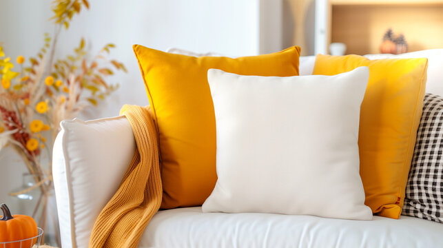 White Square Throw Pillow Next to Yellow Mustard Throw Pillows, Cushion Mockup with Autumnal Decoration, Cozy Fall, Boho Interior, Bright Beige Room.