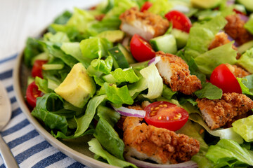 Homemade Crispy Chicken Salad with Tomato and Cucumber on a Plate, side view. Close-up.