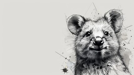  A monochrome image of a small creature with paint splatters on its face against a plain black and white background