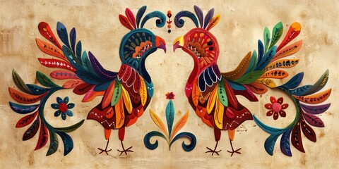 Obraz premium A detailed and vibrant depiction of two roosters in a traditional folk art style. The illustration showcases intricate patterns and rich colors typical of traditional embroidery. 