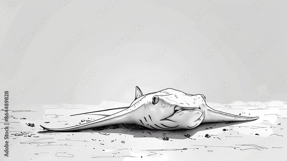 Poster  A black-and-white drawing of a shark's head on the ground, mouth agape