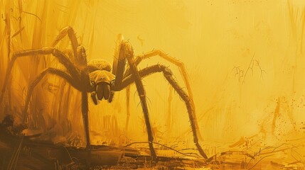  A large spider atop a weathered wooden floor Before yellow-tinted forest, teeming with trees
