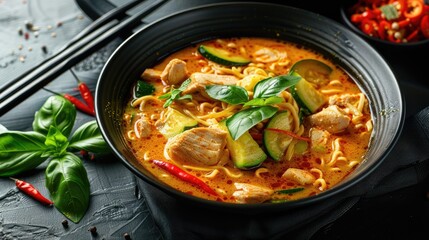 Curry soup with chicken meat, zucchini and chow mein noodles on black background