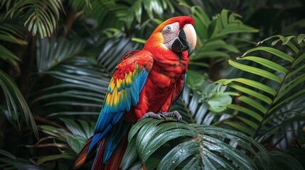  A red-and-yellow parrot perches atop a verdant tree teeming with lush, green leaves