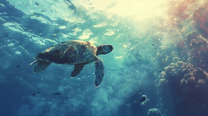  A turtle swims in the ocean, surrounded by numerous corals below the water surface, and schools of fish populate the seabed