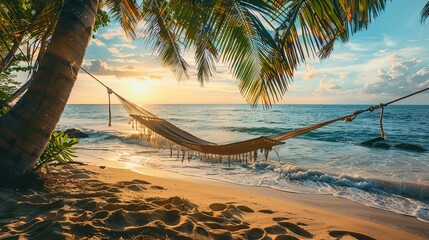 Hammock tied between two palm trees on a beach created with generative ai