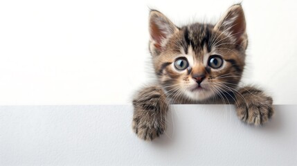 Photo small cute kitten on white background holding a blank piece of paper, animal protection concept, animal keeping