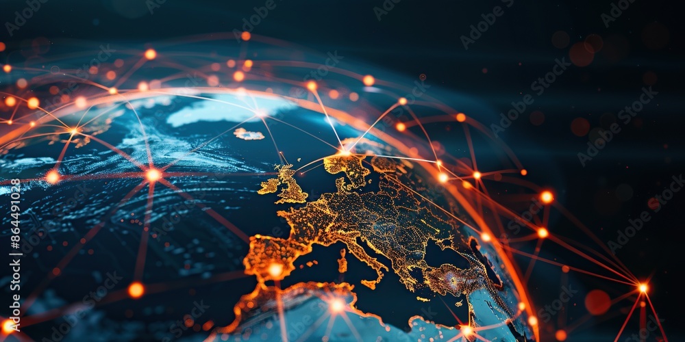 Poster earth with glowing orange and red data cables connecting various global points. technology backgroun