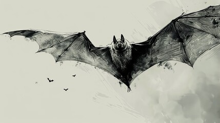 Bat flying through air, surrounded by bats in the sky