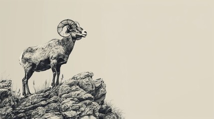  A monochrome image of a ram perched atop a rocky crag against a backdrop of the sky
