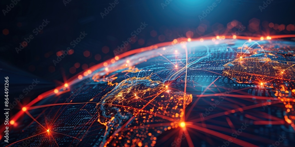 Poster earth with glowing data streams and network connections, symbolizing global connectivity and technol