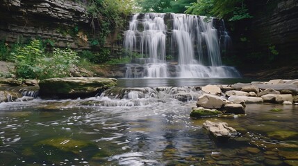 Obraz premium A pristine waterfall cascades into a clear river, symbolizing prosperity and nature's enduring bounty.