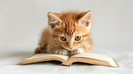 Photo small cute kitten on white background on open book, animal protection concept, animal keeping