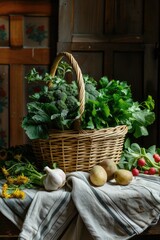 greens in a wicker basket. Selective focus