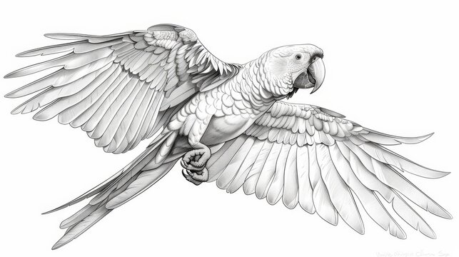 recommend clip art:  A black-and-white drawing of a parrot with spread-out wings, mid-flight
