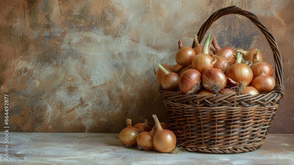 Wall mural onions in a wicker basket. Selective focus - Wall murals