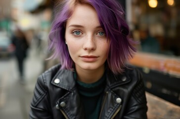 Fototapeta premium young woman with purple hair in leather jacket