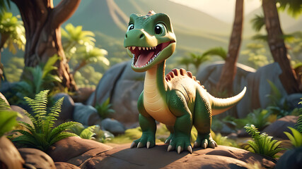 a cute cartoon dinosaur in a prehistoric landscape. © Shahzad