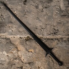 Dark medieval sword on rocky ground