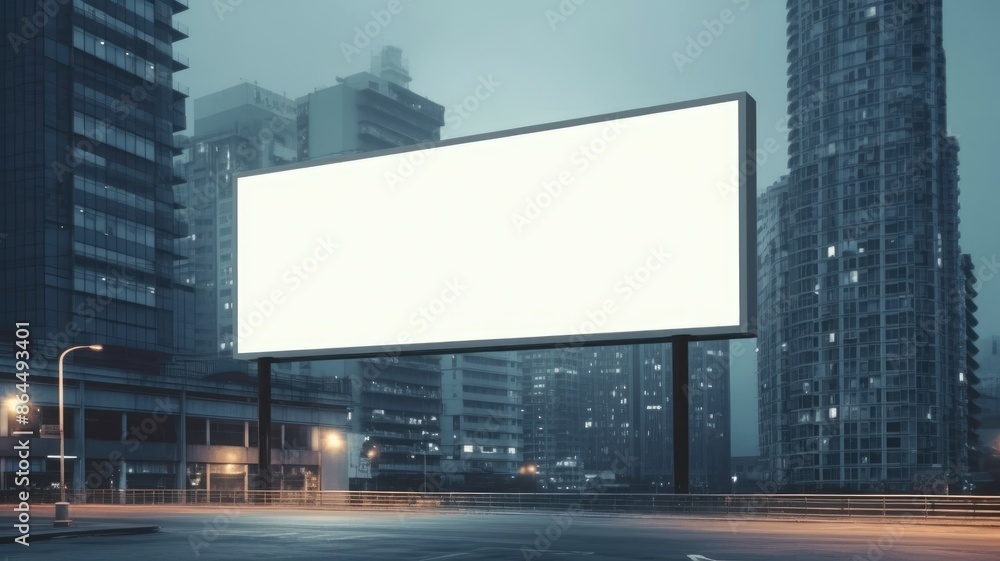 Poster a mockup of billboard with white color blank space setting in between building of city. a large big 