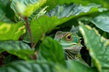 Fototapeta premium Vibrant green lizard hiding in lush foliage