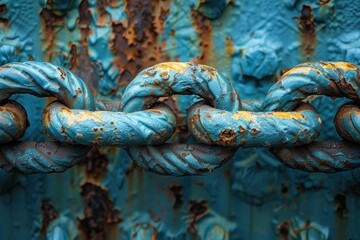 A close-up shot of a rusty blue metal chain showing the intricate details of corrosion and age, emphasizing the textures and patterns formed over time.