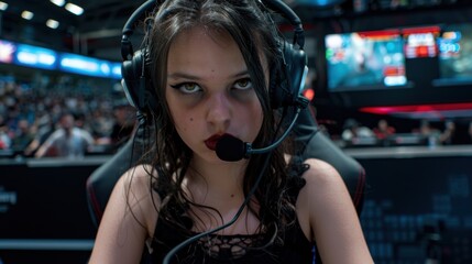 Serious gamer girl with headset in esports arena