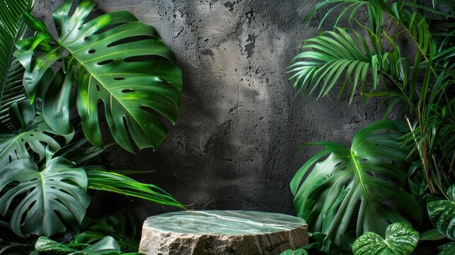 Stone podium surrounded by green palm leaves for displaying natural cosmetics Cobbled pedestal for beauty items