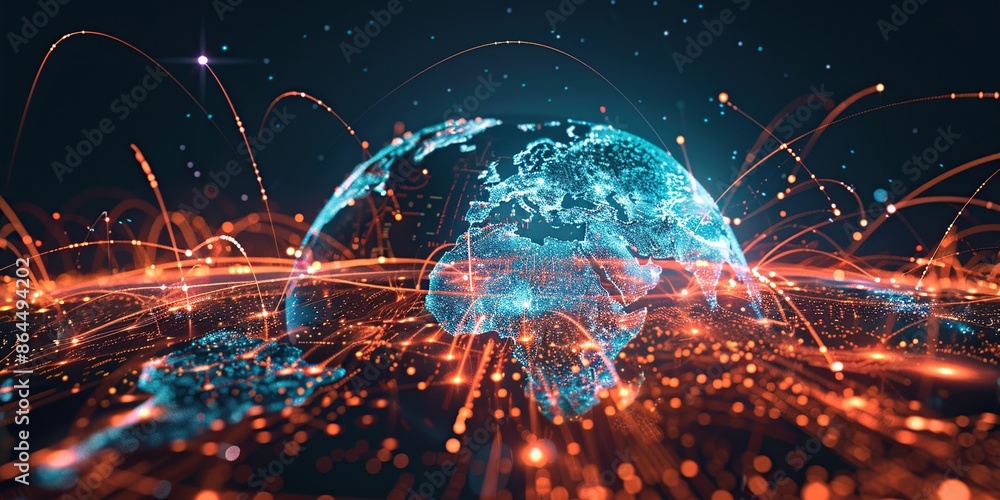 Poster a digital illustration of the earth with glowing data streams and network connections forming around